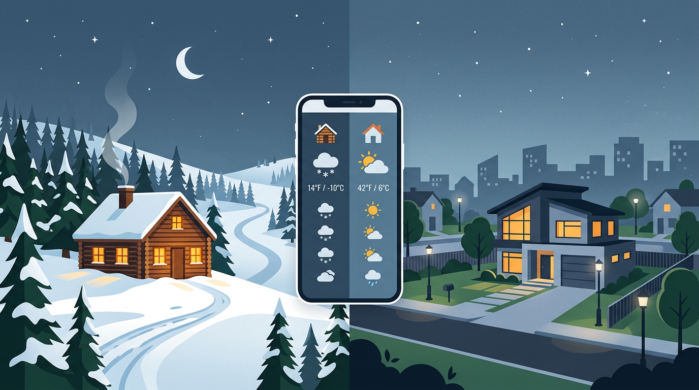 Illustrasjon: hytte og hjem med værsammenligning på telefon